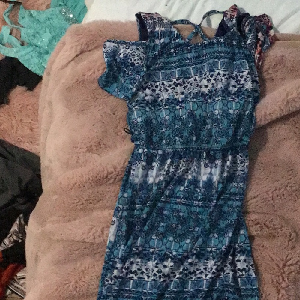 Crossed long blue, pink, white design dress